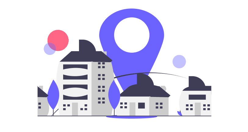 Illustration of a city with location icon in the middle