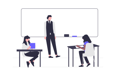 Illustration of a teacher and two students in a classroom