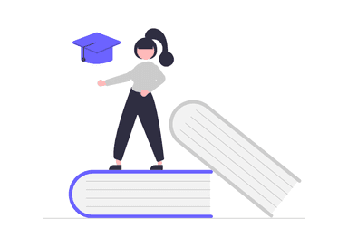 Illustration of a girl standing on a gigantic book with a graduation hat